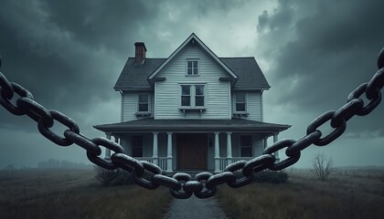A lone house is bound by heavy metal chains in a desolate landscape under a gloomy sky. The image conveys a strong sense of financial constraint or obligation related to homeownership.