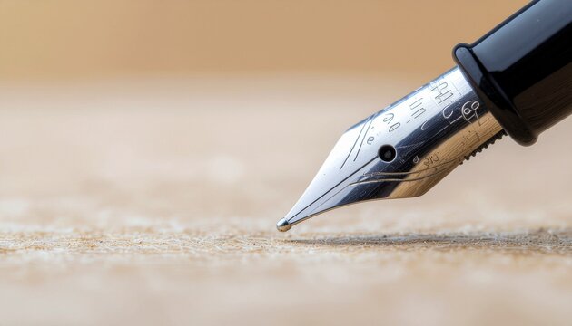 Close-up of a classic fountain pen nib poised on a textured surface.