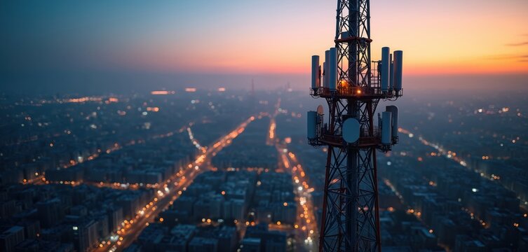 Cellular tower with antennas transmits signals across a city at dusk. Its powerful network connects urban infrastructure and future tech for global communication. Mobile data flows rapidly. - Powered by Adobe