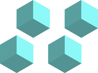 Four 3D cubes in a geometric pattern with a teal color scheme.