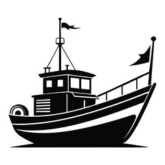 A detailed black fishing boat silhouette navigates calm waters with flags flying high