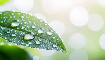 Vibrant Green Leaf Adorned with Fresh Raindrops in Soft Sunlight.