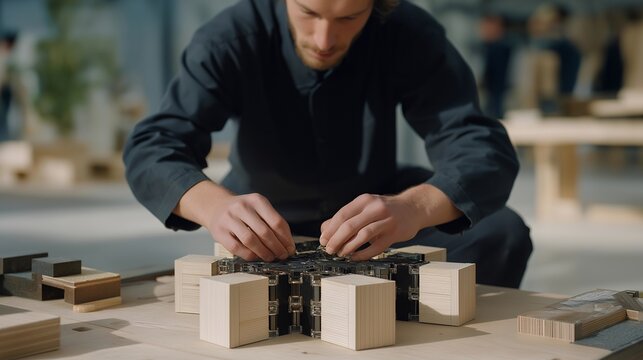 A designer assembling modular furniture components on a clean studio floor, clicking wooden panels and metal joints together to form multiple configurations — customizable interior design, flexible