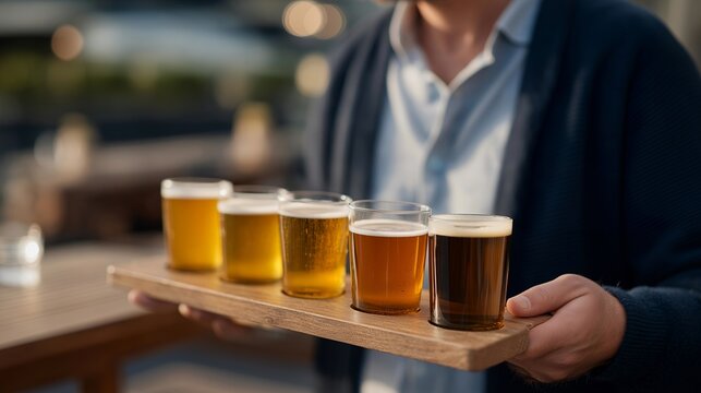 A brewery expert guiding guests through a craft beer taste-tasting flight, colorful glasses lined up on a wooden paddle showing a gradient from pale gold to deep amber — craft brewing culture,