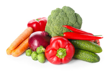 Pile of different fresh raw vegetables isolated on white