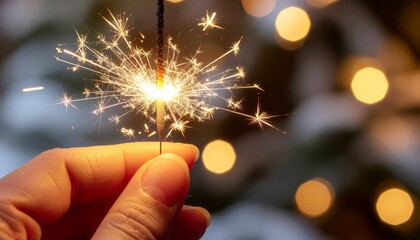 Hand holding a bright sparkler with festive bokeh lights in the background celebrating a special occasion.