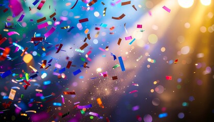Vibrant Confetti Falling at a Lively Celebration with Bright Stage Lights and Dynamic Atmosphere.