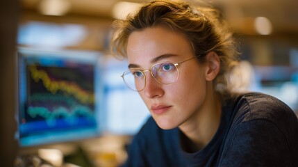 A scientist analyzing data from an ultra-sensitive spectrometer, colorful wavelength graphs reflected in their safety glasses as micro-particles are measured at subatomic precision — advanced lab