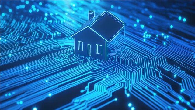 of a house with a blue neon effect superimposed on a circuit board background.