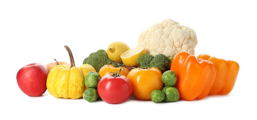 Different fresh raw vegetables and fruits isolated on white