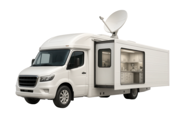Mobile lab vehicle with expandable sides and satellite dish on the roof.