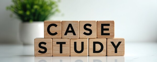 Wooden blocks spell CASE STUDY arranged on clean white surface. Represents business research, academic analysis, project evaluation concept. Green plant in blurred background suggests natural, modern