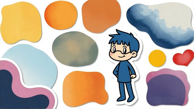 Smart Cartoon Boy with Blue Hair and Glasses Smiling Amidst Scattered Colorful Abstract Watercolor Shapes and Elements
