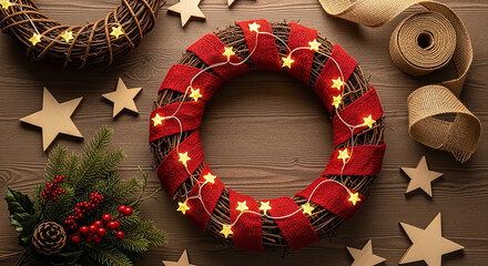 Festive christmas wreath with red ribbon and star shaped lights