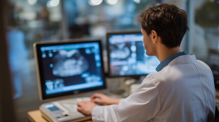 A cardiac sonographer performing an echocardiogram, carefully navigating the probe along the ribcage as heart valves and chambers pulse rhythmically on the screen &mdash; cardiac imaging, non-invasive
