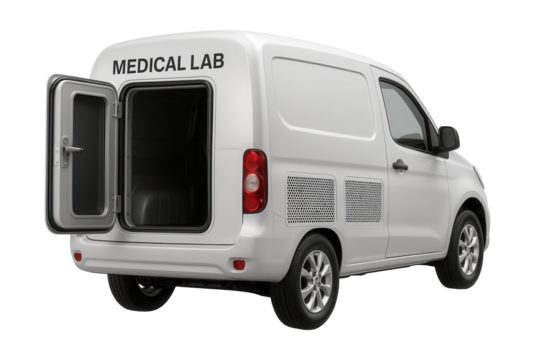 Compact medical lab vehicle featuring rear access and side ventilation grilles.