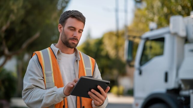 A utility supervisor reviewing GIS maps on a tablet while standing on-site, coordinating crew assignments and documenting infrastructure updates in real time &mdash; smart utility management, field