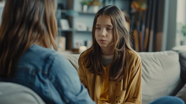 A young girl shares an intimate moment with a woman on the couch. A scene of deep connection and understanding.