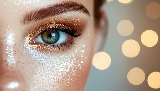 Close-up of a womans eye with glitter makeup and bokeh lights.