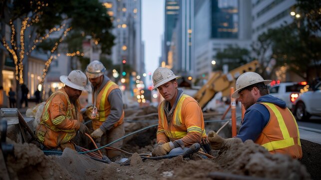 Utility workers repairing underground cables in a city street trench at dawn, bright safety vests reflecting construction lights as they coordinate with handheld radios — essential infrastructure
