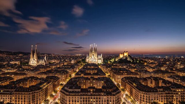 Barcelona Cityscape Time Lapse from Golden Sunset to Nightfall.
