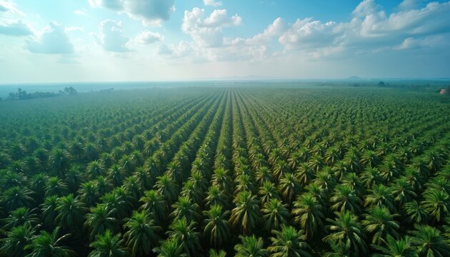 Aerial view of vast palm oil plantation. Rows of green palm trees stretch to horizon under blue sky with clouds. Tropical landscape shows agricultural farming.