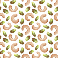 Watercolor pistachios, cashews, seamless pattern on a white background. Hand-drawn illustration of healthy snacks.