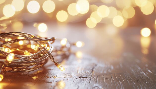 Warm glowing string lights creating a festive bokeh background on a wooden surface. - Powered by Adobe