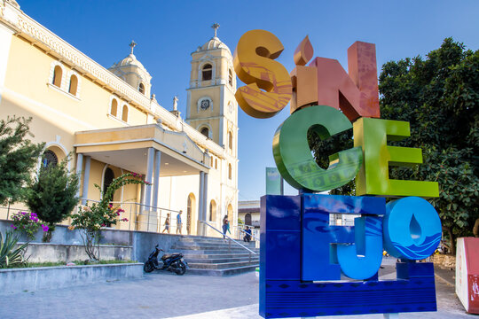 Sincelejo, Colombia - 22 January 2024. Sincelejo sign next to the San Francisco de Asis Cathedral located in Santander Square.
