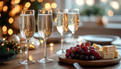 Sparkling Champagne Glasses and Festive Appetizers on a Holiday Table.