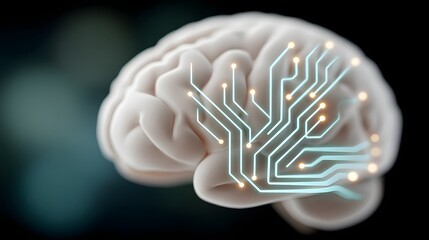 3D human brain model with glowing circuit board, artificial intelligence concept. Neural network, technology, innovation, business, medicine, science, cybernetics.