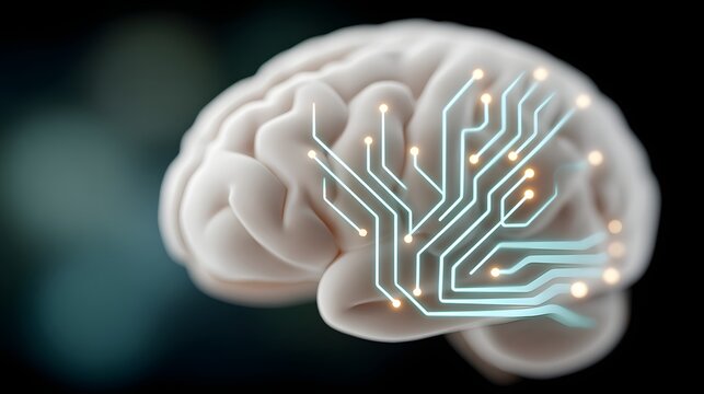 3D human brain model with glowing circuit board, artificial intelligence concept. Neural network, technology, innovation, business, medicine, science, cybernetics.