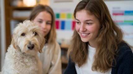 A pet owner discussing vaccination schedules with a vet, colorful vaccine charts visible on the wall and a calm dog sitting obediently beside them &mdash; responsible pet wellness, immunization guidance,