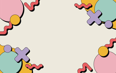 Obraz premium Abstract background with circles crosses and wavy lines in pastel colors and black outlines design