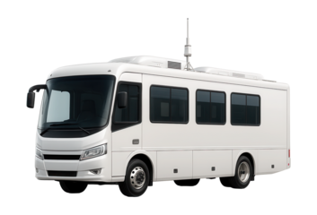 Mobile medical testing unit with spacious side windows and rooftop antenna.