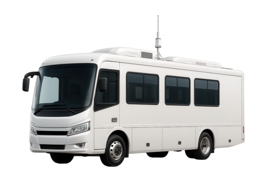 Mobile medical testing unit with spacious side windows and rooftop antenna.
