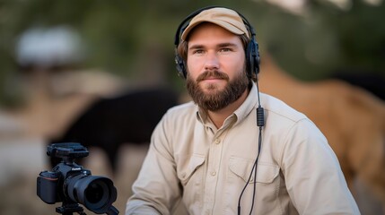 A wildlife photographer livestreaming a quiet dawn hideout, waiting patiently as animals approach while viewers whisper in the chat — nature livestreaming, real-time wildlife observation, and