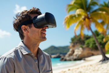 Video chatting with colleagues while wearing a virtual reality headset on a tropical beach.