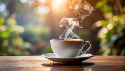 Steaming hot coffee cup on a wooden table with a blurred natural background and warm sunlight.