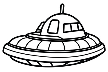 An extraterrestrial spacecraft outlines show a classic flying saucer hovering still on bright background