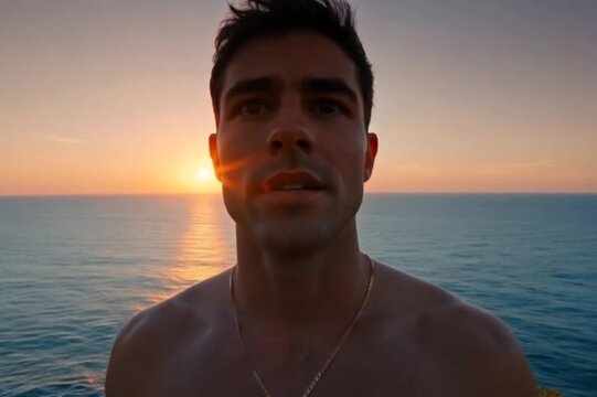 A young, fashionable man, impressed and excited, against the backdrop of a southern sunset by the sea.