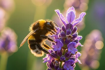 Furry bumblebee gathering nectar from a dew-kissed lavender bloom in soft morning light
