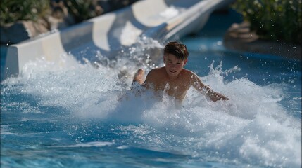 A child sliding down a water park tube slide, splashing into a pool with vivid blue waves — summer fun, aquatic recreation, and family entertainment. cinematic color correction, natural uneven