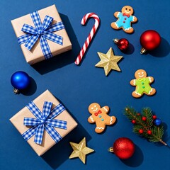 Festive Christmas scene on a blue background with gifts wrapped with blue plaid ribbons, gingerbread cookies, candy canes and ornaments creating a cheerful Christmas decoration scene.
