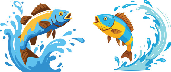 Fototapeta premium Two vibrant cartoon carp fish leaping energetically from splashing blue water creating dynamic waves and energetic motion