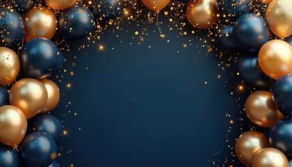 Dark blue, gold balloons create festive arch. Golden glitter, sparkling bokeh lights float around elegant decoration. Luxurious party background great for celebration invites, banners, event promo