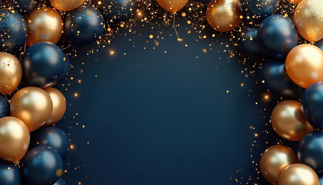 Dark blue, gold balloons create festive arch. Golden glitter, sparkling bokeh lights float around elegant decoration. Luxurious party background great for celebration invites, banners, event promo - Powered by Adobe