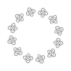 Naklejka premium Cute round frame with doodle outline canola rapeseed flowers isolated on white background.