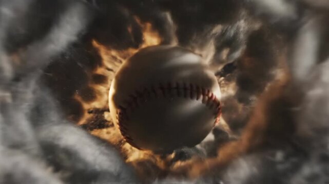 Slow motion baseball hit by wooden bat. Extreme impact bursting leather cover with yarn fibers. Sports action sequence showing particle explosion and ball deformation.