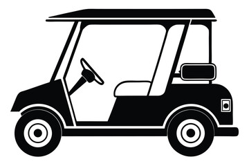 Black and white depicts a stylized golf cart with a simple, bold design